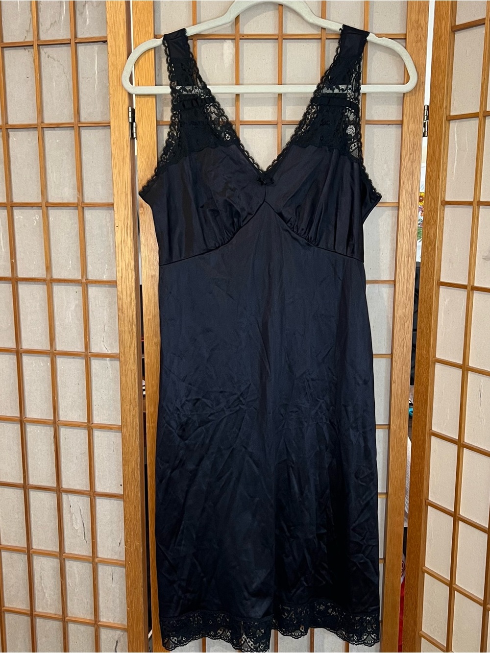 Vintage 70s Melody Black Lace Trim Satin Antron III Nylon Full Slip Dress 36 M
